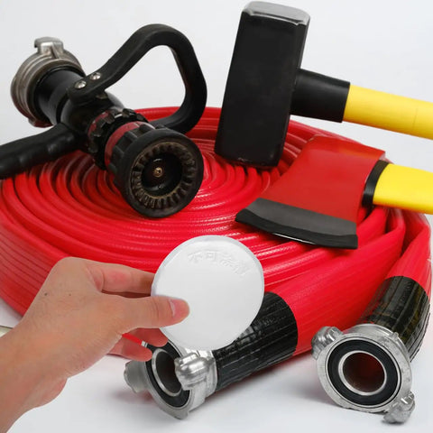 Sleek Iron Fire Sprinkler Nozzle Cover Plate With Tough Head Protector And Snug Ceiling Escutcheon To Mask Annoying Holes showing alongside a fire hose and equipment.