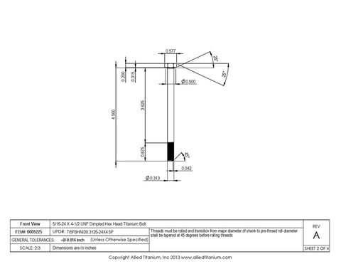 5/16 24 x 4 1/2 inches Premium Pure Titanium Hex Head Bolts detailed diagram for marine fasteners use.