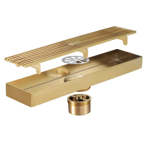 Heavy Duty Rectangular Shower Drain Tile Insert Grate Stainless Steel Removable Hair Catcher Filter Straight Shot High Flow Anti Clogging Brushed Gold Bathroom Floor Drain No Fuss Setup view with removable grate and filter.
