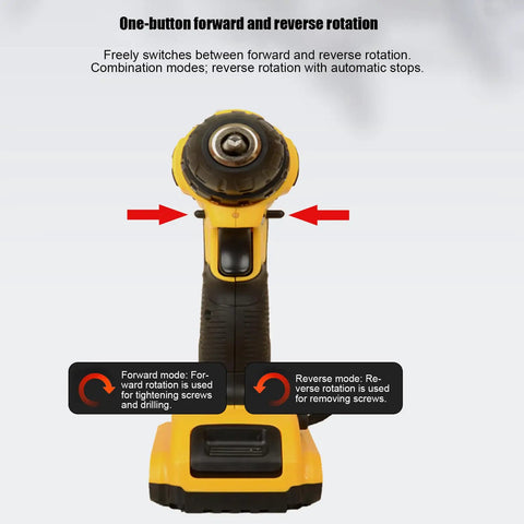 Heavy Duty Cordless Drill And Electric Screwdriver With High Torque Brushed Motor and Slick Keyless Chuck front view showing controls and one-button rotation feature.