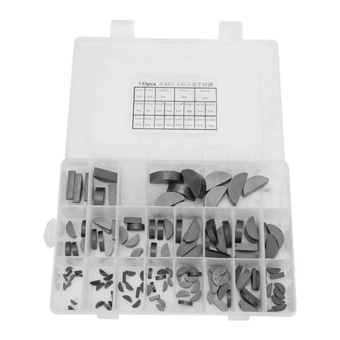 135 Piece Woodruff Key Kit with 21 Sizes For Flywheels Pulleys And Cranks Durable Semicircular Keys in a storage box.