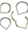 16G 316L Stainless Steel CZ Crystal Lined V Shaped Hinged Segment Clicker Ring Silver Tone For Ear Piercing 8mm Or 10mm Diameter