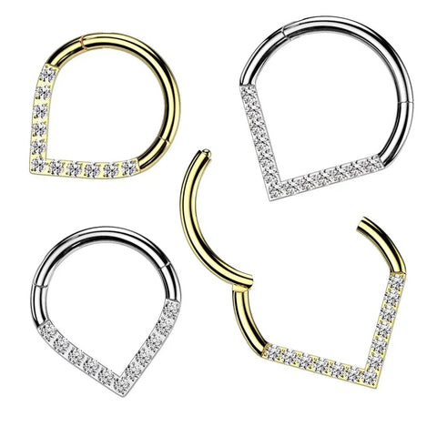 16G 316L Stainless Steel CZ Crystal Lined V Shaped Hinged Segment Clicker Ring Silver Tone For Ear Piercing 8mm Or 10mm Diameter