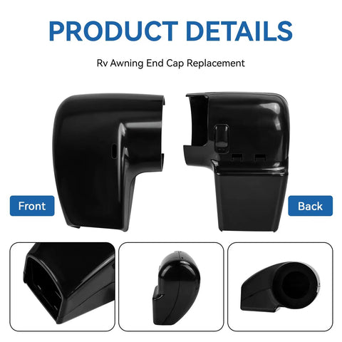 RV Awning End Cap Replacement Kit R001932006 Left Side Black, front and back views of the durable idler cover.
