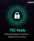 PQC ready graphic illustrating defense against quantum attacks with a lock icon at the center, promoting Asustor security feature.