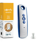 Telis 1 Patio Remote For Outdoor Blinds And Shades, All Weather Single Channel Handheld Controller, in blue and gray next to packaging.