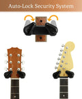 Auto Lock Guitar Wall Mount With Black Walnut Wood Hanger demonstrating secure grip for guitar heads, easy install display