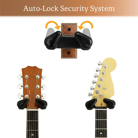 Auto Lock Guitar Wall Mount With Black Walnut Wood Hanger demonstrating secure grip for guitar heads, easy install display