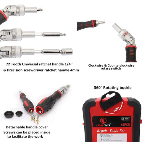 Close-up of 61 In 1 Ratcheting Screwdriver Set With Magnetic Bits And Rotatable Handles showing tools and 360° rotating buckle