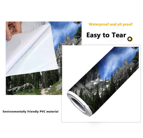 Rocky Mountains Hiking Wallpaper Peel And Stick Self Adhesive Removable Wall Mural for Living Room showing PVC material and close-up.
