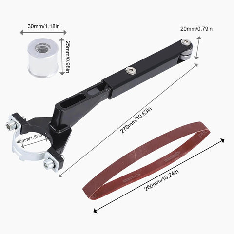 Angle Grinder Belt Sander Adapter with dimensions, black alloy build, for polishing, sharpening, and trimming use.