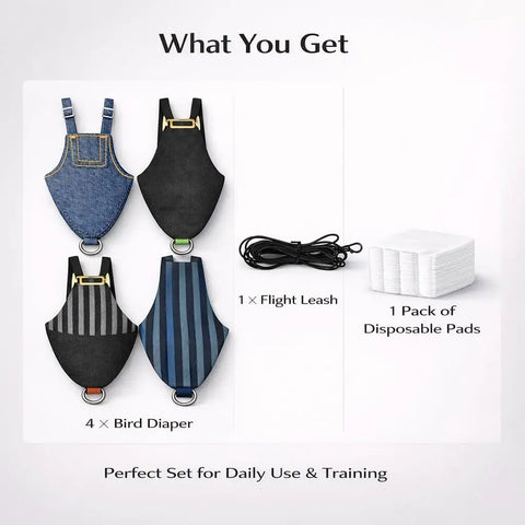 Indoor Pigeon Harness Kit With Reusable Diaper Pants And Flight Training Leash, includes four bird diapers, leash, pads