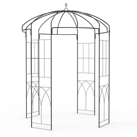 Elegant metal gazebo-style arch with intricate ironwork, not a 7 Ft Garden Arch With Gate, Classic Black Finish, Tough Iron Arbor, in open space.