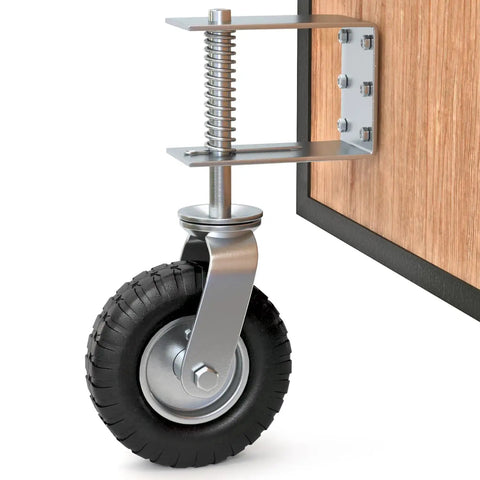 Heavy Duty Gate Wheel for Wooden or Metal Gates, 8 Inch Swivel Caster With Suspension, Spring Loaded, Flat Free Tire on gate