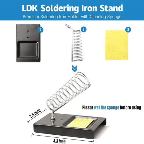 LDK soldering iron stand with cleaning sponge and holder component breakdown