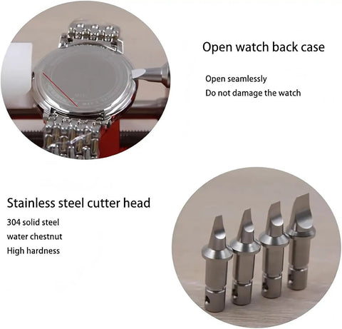 Pro Grade Watch Back Remover Tool Kit with screwdriver, showing stainless steel cutter heads and watch back opening demonstration.
