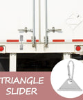 Top Notch Silver Aluminum Triangle Sliding Hooks For T Slot Tracks displayed next to a truck, showcasing their durable design and utility.