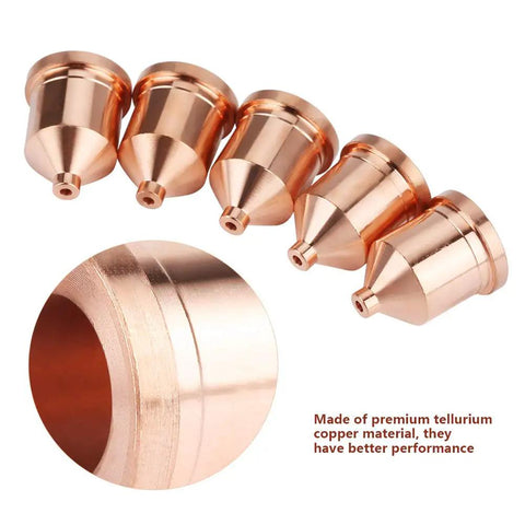 Top Tier 60A Plasma Cutter Nozzles Set Includes Five Premium Copper Torch Tips Model 120931 close-up view of copper tips