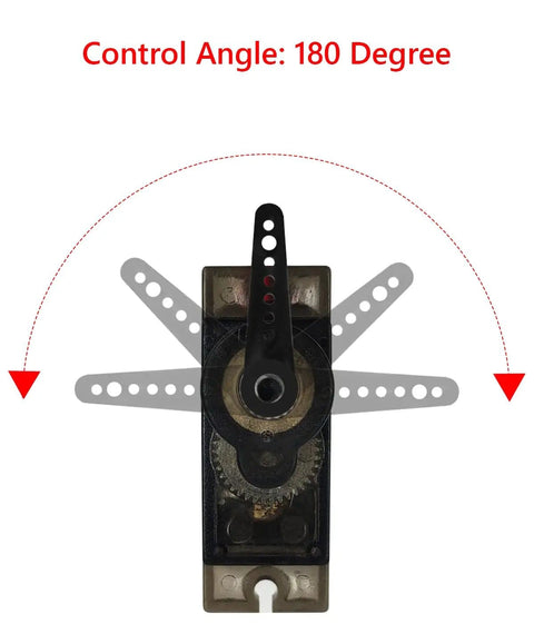 Five Pack MG90S 9G Metal Gear Micro Servo For Arduino Builds And RC Gearheads Ideal For Drones Planes Boats Robots Cars With 180 Degree Swing And Fast 0.1s Per 60 Degrees At 4.8V And 0.08s Per 60 Degrees At 6V, showing control angle