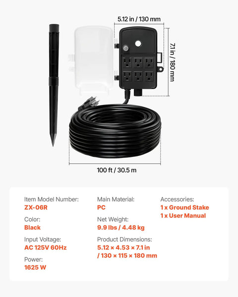 Built Tough Outdoor Power Stake With 100 Foot Extension Cord And Locking Weatherproof Cover, Six Socket Yard Strip rated for 13 Amps.