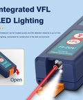 Blue FI-20V optical fiber identifier with built-in VFL LED lighting; front view with fiber inserted and red laser.