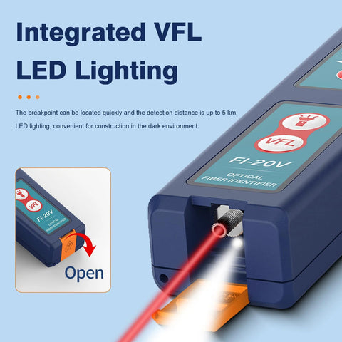 Blue FI-20V optical fiber identifier with built-in VFL LED lighting; front view with fiber inserted and red laser.