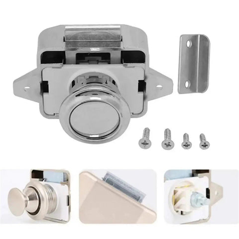 Push Button Latch Three Pack For Campervan Cabinets And Drawers Easy Press Release Cabinet Lock Kit shown with screws and components