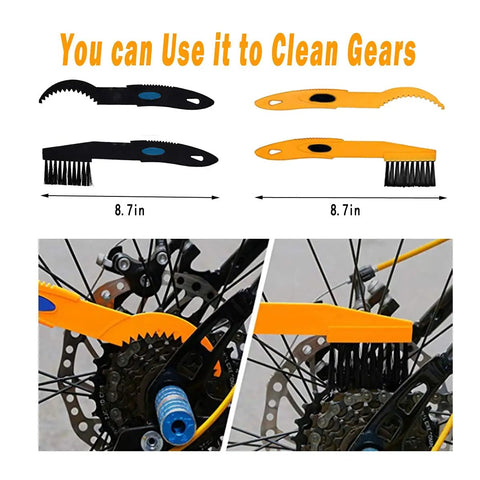Sprocket scrapers and brushes from 10 Piece Bicycle Cleaning Kit With Chain Cleaner, Chain Brush, Tire Cleaner for cleaning gears