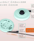 Round mint green power cord organizer with multiple plug compatibility and measurement markings for organizing cables.