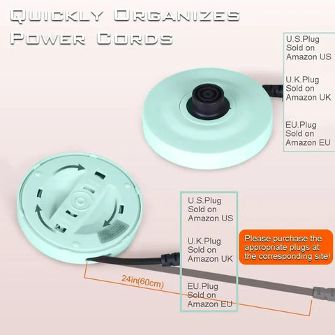Round mint green power cord organizer with multiple plug compatibility and measurement markings for organizing cables.