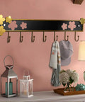 Rugged Retro Wall Coat Rack Carbon Steel Hooks Sturdy Entryway Hangout Heavy Duty Storage For Coats Hats Towels And Purse Durable Bathroom Decor 7 Hook Top Shelf Quality Build with floral accents.