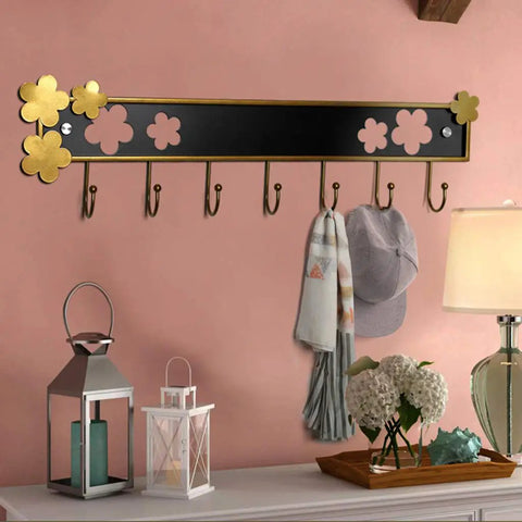 Rugged Retro Wall Coat Rack Carbon Steel Hooks Sturdy Entryway Hangout Heavy Duty Storage For Coats Hats Towels And Purse Durable Bathroom Decor 7 Hook Top Shelf Quality Build with floral accents.