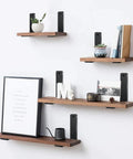 Floating shelves on wall using Four Pack L Shaped Shelf Brackets 6 Inch Long by 4 Inch High by 1.5 Inch Wide 5mm Thick Matte Black Iron.