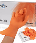 Heavy Duty Nitrile Disposable Gloves In Bright Orange Boasting Tough As Nails Tear Resistance And A Slick Comfort Fit Built For Kitchen Chores Auto Detailing And Garage Grind 100 Pack Box, being pulled on.