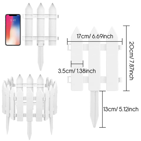 Six Piece White Garden Fence Set With Six Fence Inserts, Plastic Picket Edging for lawns, flower beds and plant borders