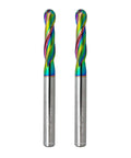 Two rainbow-coated extra-long ball-nose carbide end mills with 1/8 in shank, 2 flutes