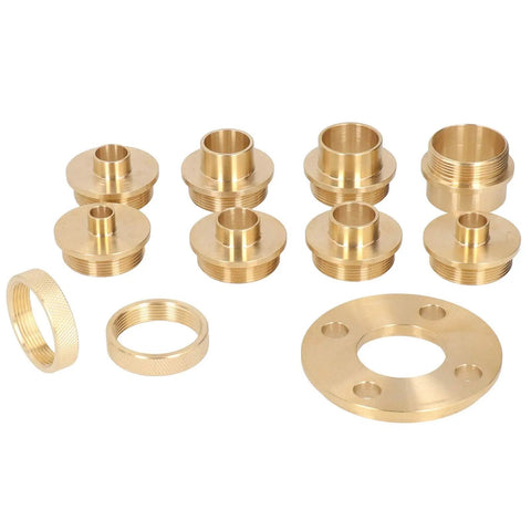 Slick Eleven Piece Template Router Guides Kit Featuring Durable Brass Bushings and Secure Lock Nut Adapters; 11 brass components for router.