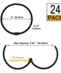 Dimensions and features of Rustproof Metal Shower Curtain Hooks 24 Pack That Glide Smoothly Round Rings For Curtains On A Bathroom Shower Rod Black Finish With Snap Joint Design And Heavy Duty Construction Holds Up To 60 Lb, showing 2 inch closed size and 3.94 inch max opening with 135-degree hinge.