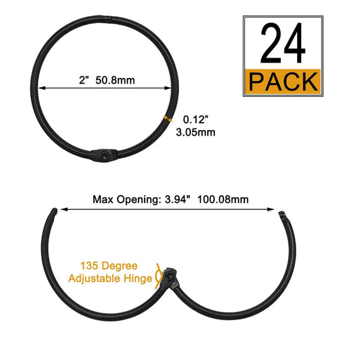 Dimensions and features of Rustproof Metal Shower Curtain Hooks 24 Pack That Glide Smoothly Round Rings For Curtains On A Bathroom Shower Rod Black Finish With Snap Joint Design And Heavy Duty Construction Holds Up To 60 Lb, showing 2 inch closed size and 3.94 inch max opening with 135-degree hinge.