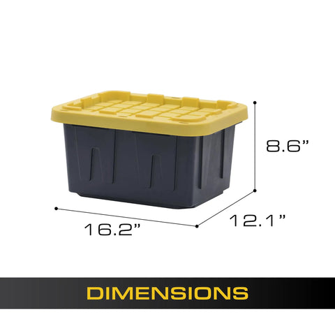 Heavy Duty 5 Gallon Stackable Storage Bins With Lids, Weather Resistant Plastic Organizer 6 Pack, shown with dimensions