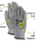 Pair of ANSI Level 5 abrasion resistant gloves with polyurethane palm, color-coded A4 cut level shield, 13-gauge Hyperon shell.