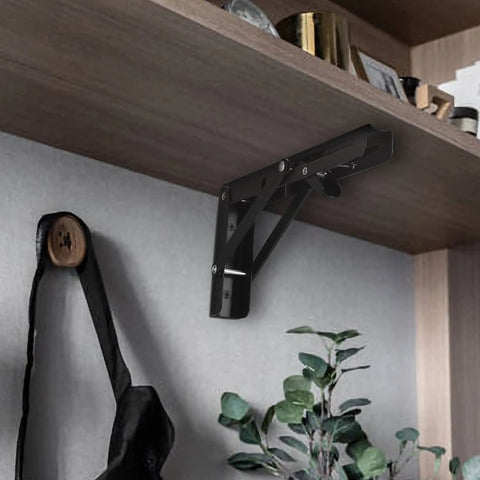 These Badass Heavy Duty Folding Shelf Brackets Bring Serious Strength As A 10 Inch Floating Triangle Wall Mount Hinge Setup built into a wood shelf.