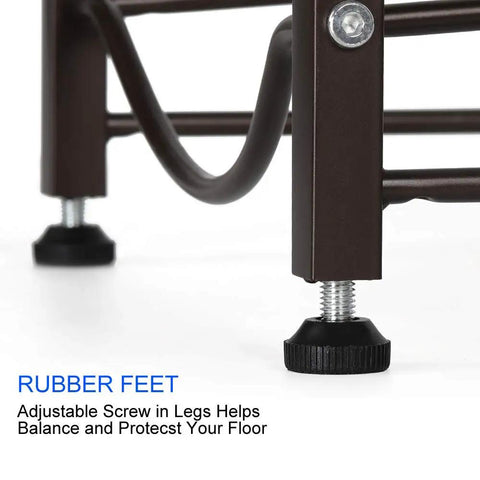 Close-up of adjustable rubber feet on Five Gallon Water Jug Holder With Five Tier Heavy Duty Brown Rack Freestanding Bottle Organizer.