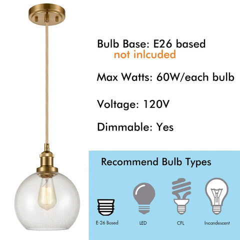Modern Brass Seeded Glass Pendant Light With Dimmable Hanging Fixture Handblown Clear Glass Shade With Tiny Bubbles