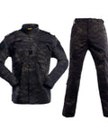 Kickass Mens Tactical Jacket And Pants Set Windproof Military Hunting ACU Uniform Suit lightweight black camo dual pocket design.