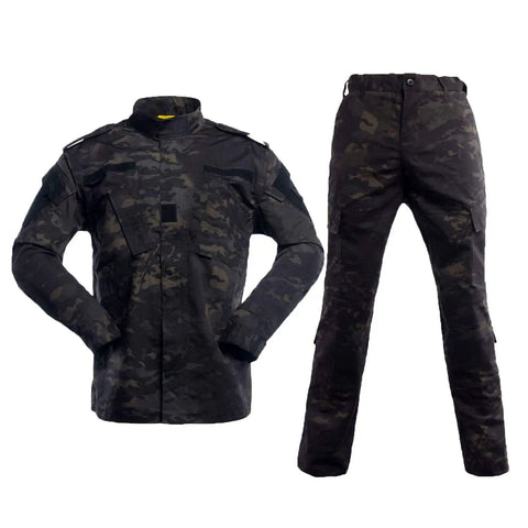 Kickass Mens Tactical Jacket And Pants Set Windproof Military Hunting ACU Uniform Suit lightweight black camo dual pocket design.
