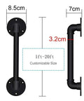 Built Rock Solid Black Wrought Iron Stair Handrail, Heavy Duty Galvanized Pipe Step Railing dimensions 8.5cm and 7cm, 3.2cm diameter.