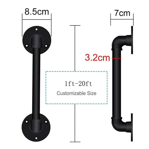 Built Rock Solid Black Wrought Iron Stair Handrail, Heavy Duty Galvanized Pipe Step Railing dimensions 8.5cm and 7cm, 3.2cm diameter.