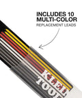 Tough As Nails Mechanical Carpenter Pencil Featuring Integrated Sharpener Plus Ten Pack Assorted Color Leads for marking, showing ten multi-color leads.