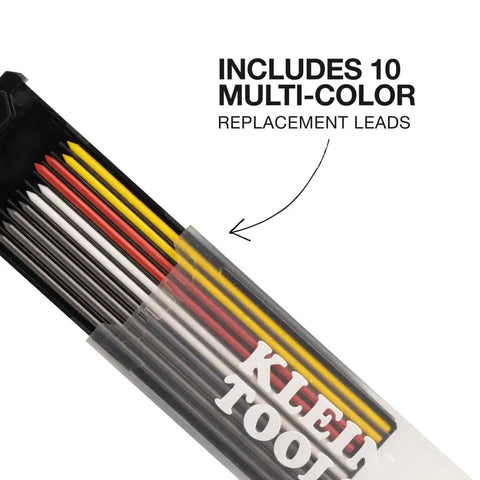 Tough As Nails Mechanical Carpenter Pencil Featuring Integrated Sharpener Plus Ten Pack Assorted Color Leads for marking, showing ten multi-color leads.